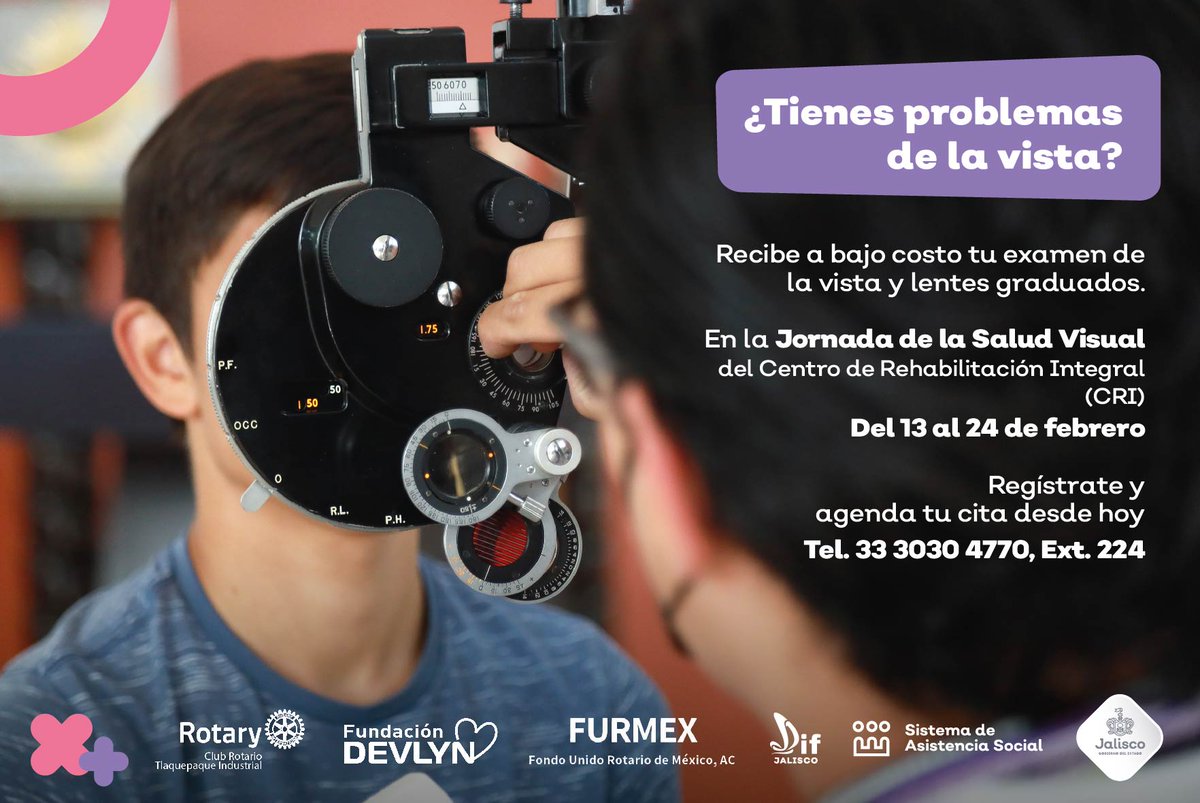 DIFJalisco's tweet photo. En coordinación con la Fundación Devlyn , el Fondo Unido Rotario de México A.C.  y el Club Rotario Tlaquepaque Industrial, estamos llevando a cabo la Jornada de Salud Visual del 13 al 24 de febrero.
Regístrate hoy al 33-3030-4770 ext 224, o acude al CRI en Avenida Alcalde # 1831. https://t.co/l0GYmVSHrz
