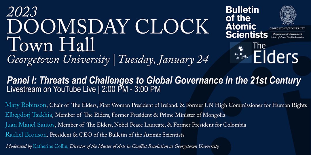 GUConflictRes's tweet photo. It is now #90SecondsToMidnight. @BulletinAtomic @TheElders are joining @GUConflictRes @Georgetown on campus to discuss the 2023 #DoomsdayClock. https://t.co/8a4N5vGrv3 https://t.co/lrQKo2gQo6