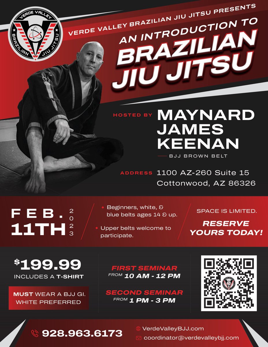 Heads up to any Jiu Jitsu aficionados traveling to AZ to attend the Super Bowl. @mjkeenan will host “An Introduction to Brazilian Jiu Jitsu” on Sat, Feb 11 at the new Verde Valley BJJ facility. Call or email the studio for more info. Beginners, white & blue belts welcome. #bjj