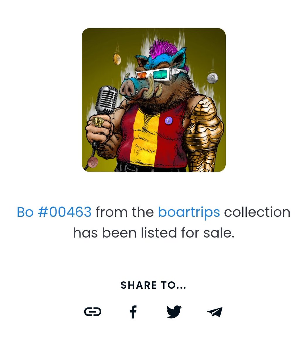 By NFTStrips 🤜🤛 🐗

BOARTRIPS!!! HANDMADE. 
#token - Erc 1155. Quantity max in gallery 10000 units.

👌👌 Let's go!

#NFTs  #nftopensea #NFTspace #shibadoge 🤝
#NFTGiveaway #NFTCommunity #NFTCollection  #OpenSeaNFT #OpenSeaCommunity  #NFTdrop #Ethereum  #NFTGiveaway #Metaverse