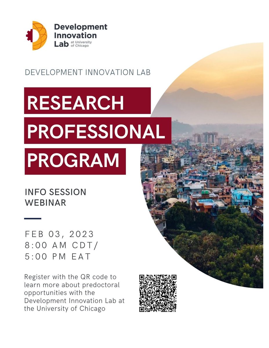 Interested in joining the Development Innovation Lab at <a href="/UChicago/">The University of Chicago</a> as a Predoctoral Fellow? 🤔
Register in the link below to participate in our Info Session Webinar (Feb 03 - 2023, 8:00 AM CDT).  uchicagogroup.zoom.us/webinar/regist…