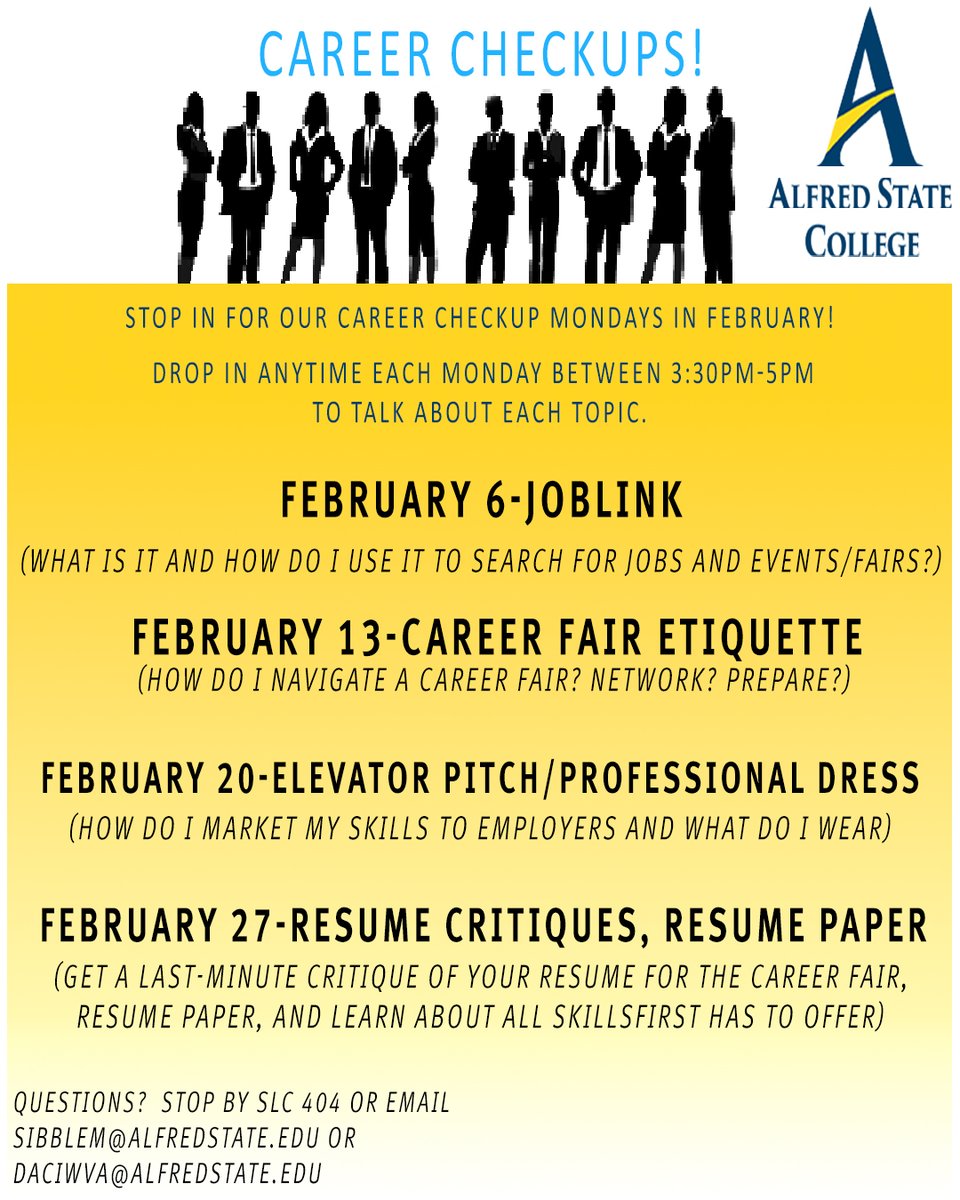 AlfredStateCD's tweet photo. Career Check-Ups for the month of February #checkup #careertopics #bethereandbeprepared #wegotyou https://t.co/IMLgpP6HdG