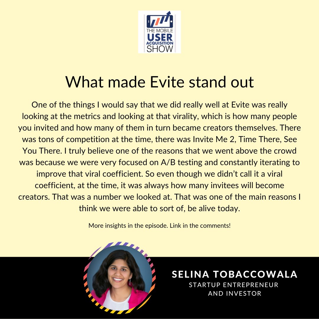 Virality existed before social media. 

Selina Tobaccowala tells us about how Evite chose to focus on A/B testing. And the company thrived over its competition, and survives to this day.

More: mobileuseracquisitionshow.com/episode/invite…