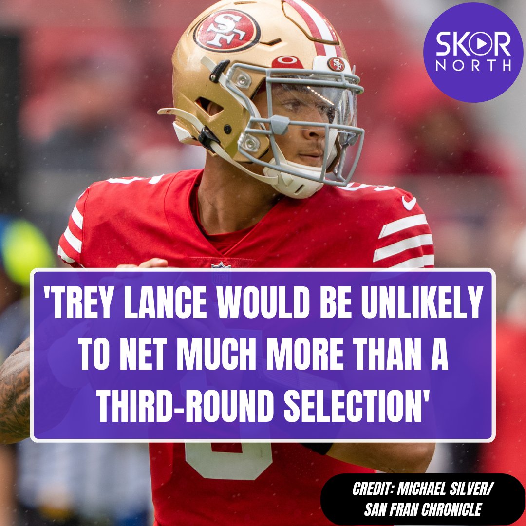 SKORNorth's tweet photo. INTERESTING: Should the Minnesota #Vikings trade for QB Trey Lance?

49ers insider Michael Silver notes several NFL executives tell him it might not cost more than a 3rd round pick, unless there’s a team out there motivated to give more. https://t.co/Shd8L2IFSI