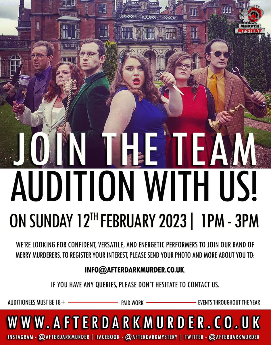 𝐀𝐮𝐝𝐢𝐭𝐢𝐨𝐧 𝐃𝐚𝐲! 🙌

Fancy joining this band of merry murderers? Then we'd love to hear from you! This murder business is a busy one, so much so that we're hoping to expand the team!

𝑂𝑢𝑟 #audition 𝑑𝑎𝑦 𝑤𝑖𝑙𝑙 𝑏𝑒 ℎ𝑒𝑙𝑑 𝑖𝑛 #lancaster (𝐿𝐴1) #casting