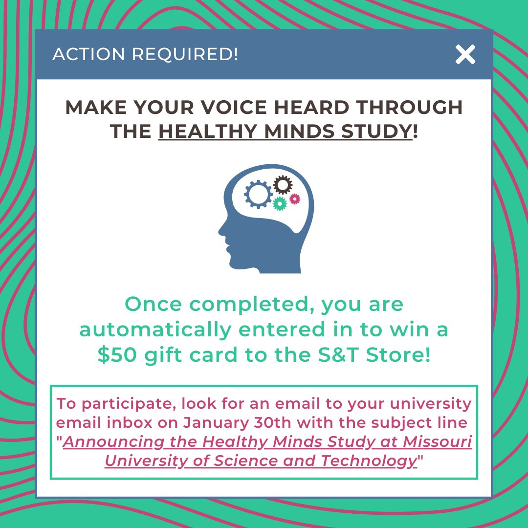 SandTWellBeing's tweet photo. Missouri S&amp;T is conducting a campus-wide survey to better understand student mental health and well-being, sources of support, and other health topics. The survey launches on January 30th, and once you take it you're entered into a drawing to win one of 6 $50 gift cards! https://t.co/aXE15oz3nM