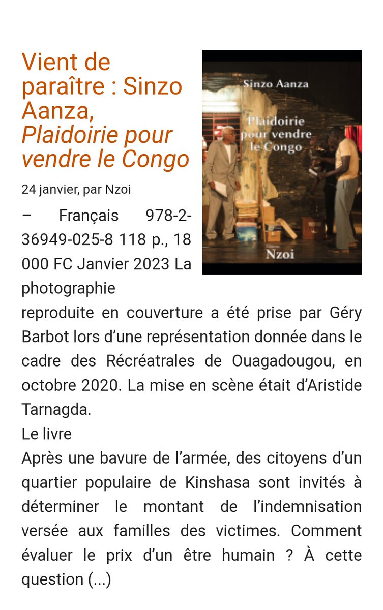 sorayaodia's tweet photo. 🚨Nouvelle parution 📚

«Plaidoirie pour vendre le Congo» de Sinzo Aanza aux éditions @EditionsNzoi
Prix : 18 000 FC

#BukuNdeMakambo https://t.co/ndDNC5r6WR