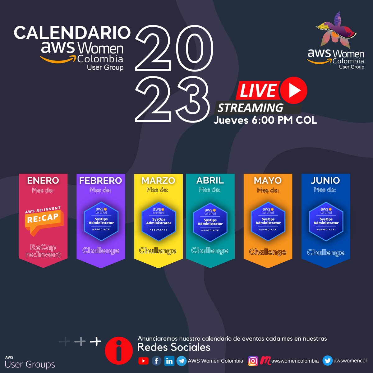 awswomencol's tweet photo. 🎺🎉 Primer semestre 2023 📚
📌 Hola Cattleya, sabemos que quieres continuar aprendiendo por ello hoy te compartimos el calendario de todos los eventos que tendremos en el primer semestre de 2023📌
💪🏼Un semestre llego de muchos retos y nuevos aprendizajes 💪🏼
#AWSWomenColombia https://t.co/wQzuCyh8rk