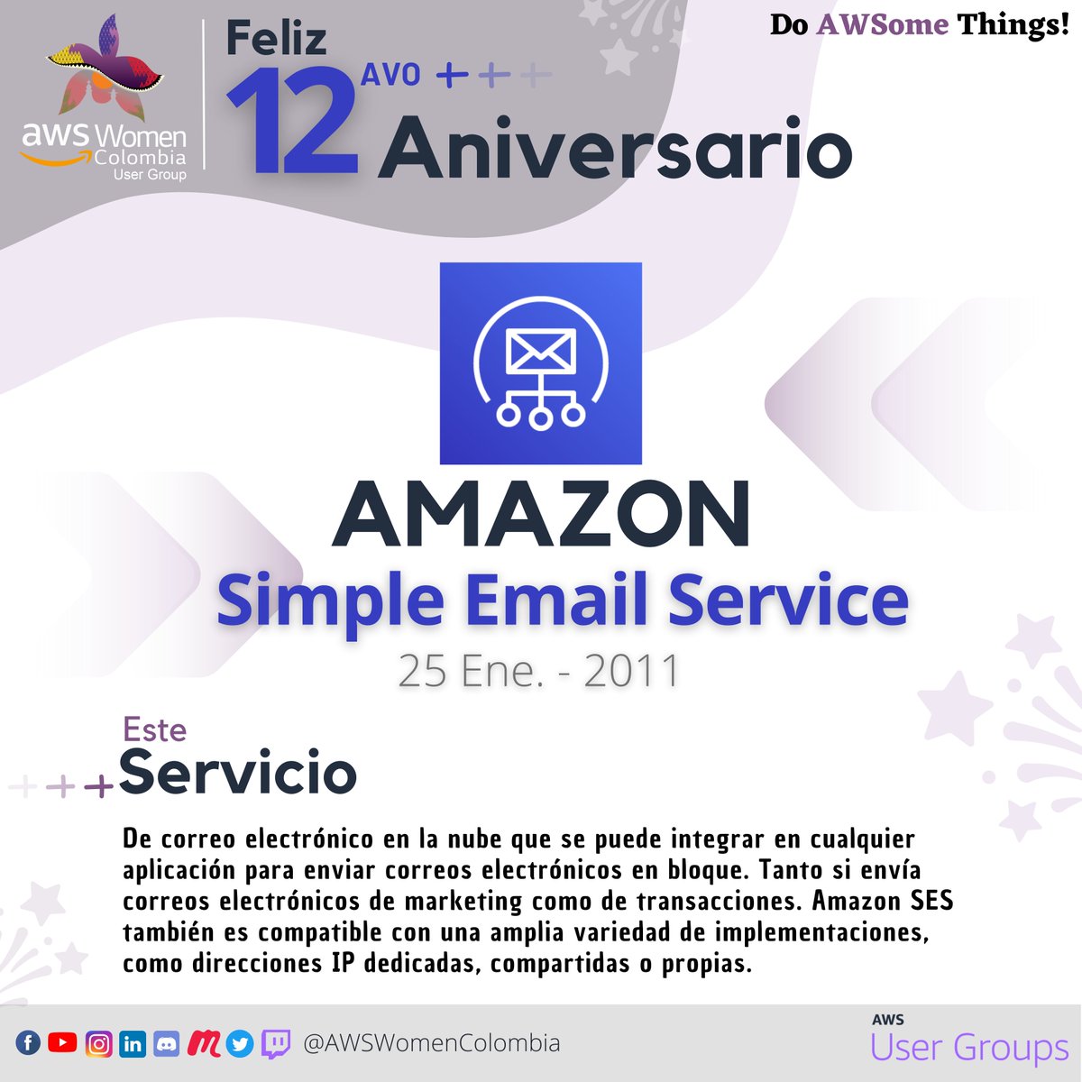 awswomencol's tweet photo. 🎉 Feliz aniversario Amazon Simple Email Service 🎉
Amazon Simple Email Service (SES) es un servicio de correo electrónico rentable, flexible y escalable que permite a los desarrolladores enviar correos 📨 desde cualquier aplicación.
#AWSWomenColombia #CloudArchitecture https://t.co/OPfwN1Kfqn
