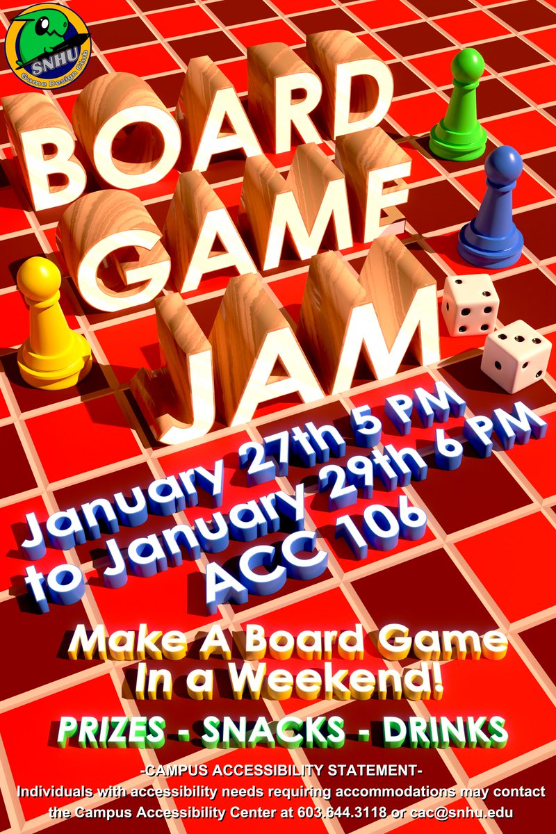 SNHUGameDesign's tweet photo. Join us this Friday for our first Board Game Jam! We'll be  discussing the design of different board games at tonight's meeting, so make sure not to miss it! (6PM ACC 106) https://t.co/Yd4Zv7kogk