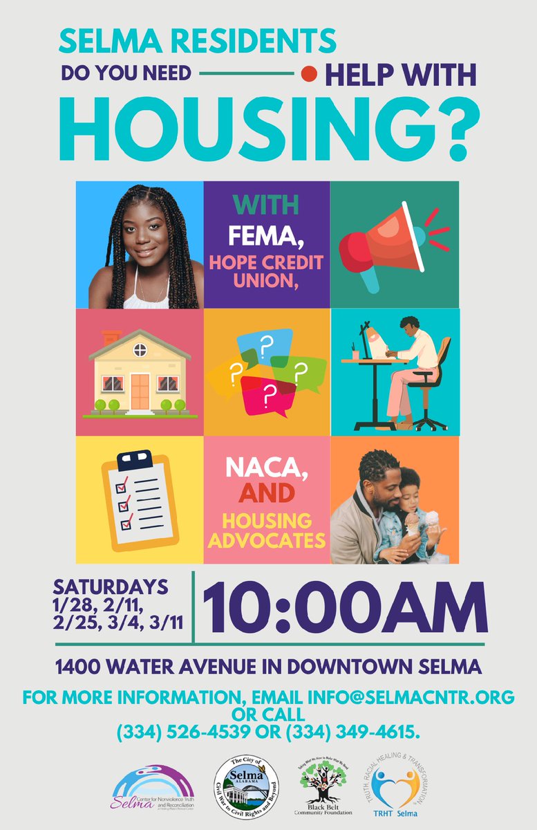 Selma_CNTR's tweet photo. Want to volunteer? Join us on Thursday for the virtual training! Then come out on Saturday to help people know their rights and opportunities regarding FEMA, insurance, housing assistance, etc.! #RebuildSelma #BetterSelma #SelmaStrong https://t.co/6JaKS5HHes