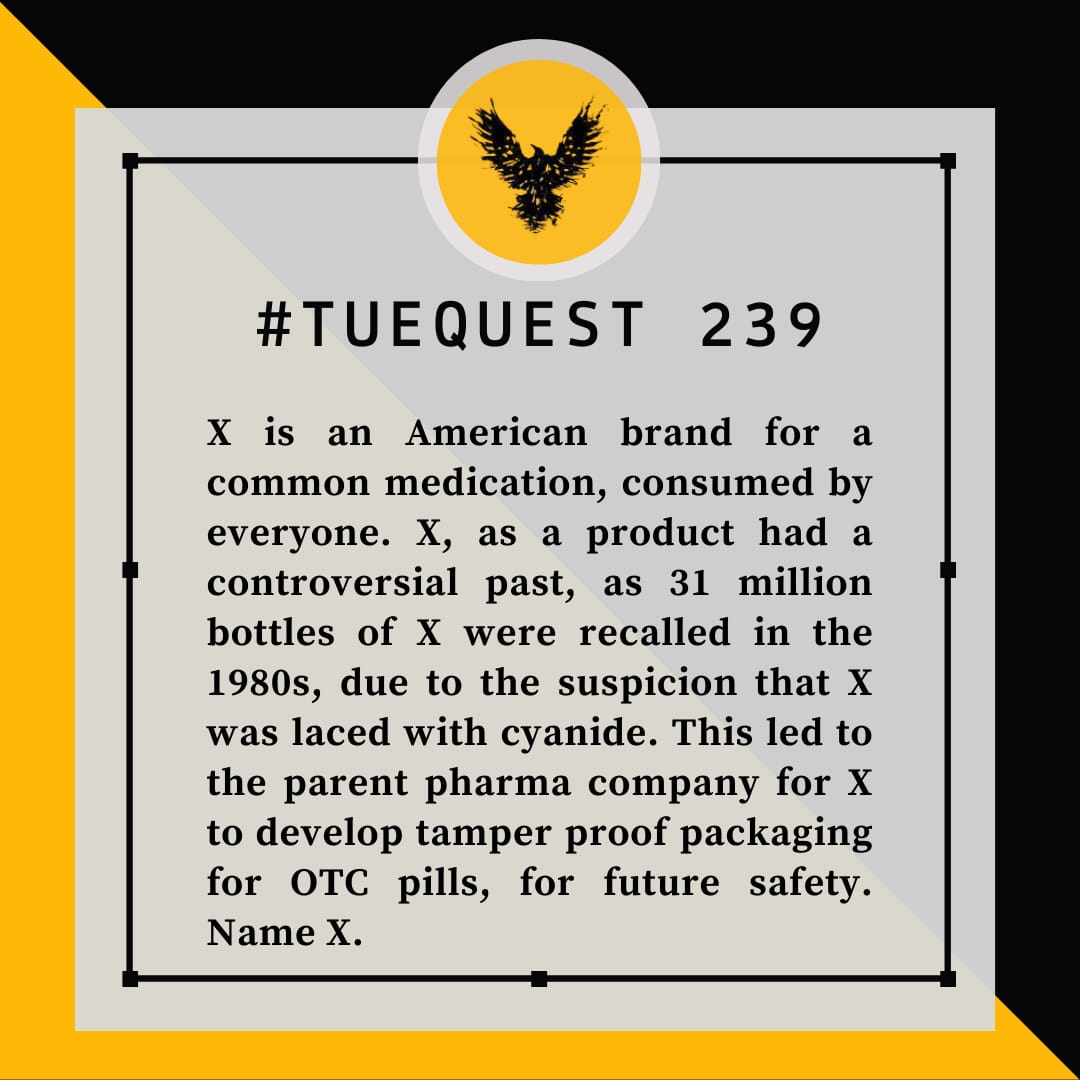 SRCCQuiz's tweet photo. TueQuest is here again to get your mind working.
Send in your answer for #TueQuest 239 in the DMs!
#quiz #quizzes #srcc #delhi #du #delhiuniversity #American #Pharmaceutical #medicines #facts #cyanide #History https://t.co/xKEhI7ttys