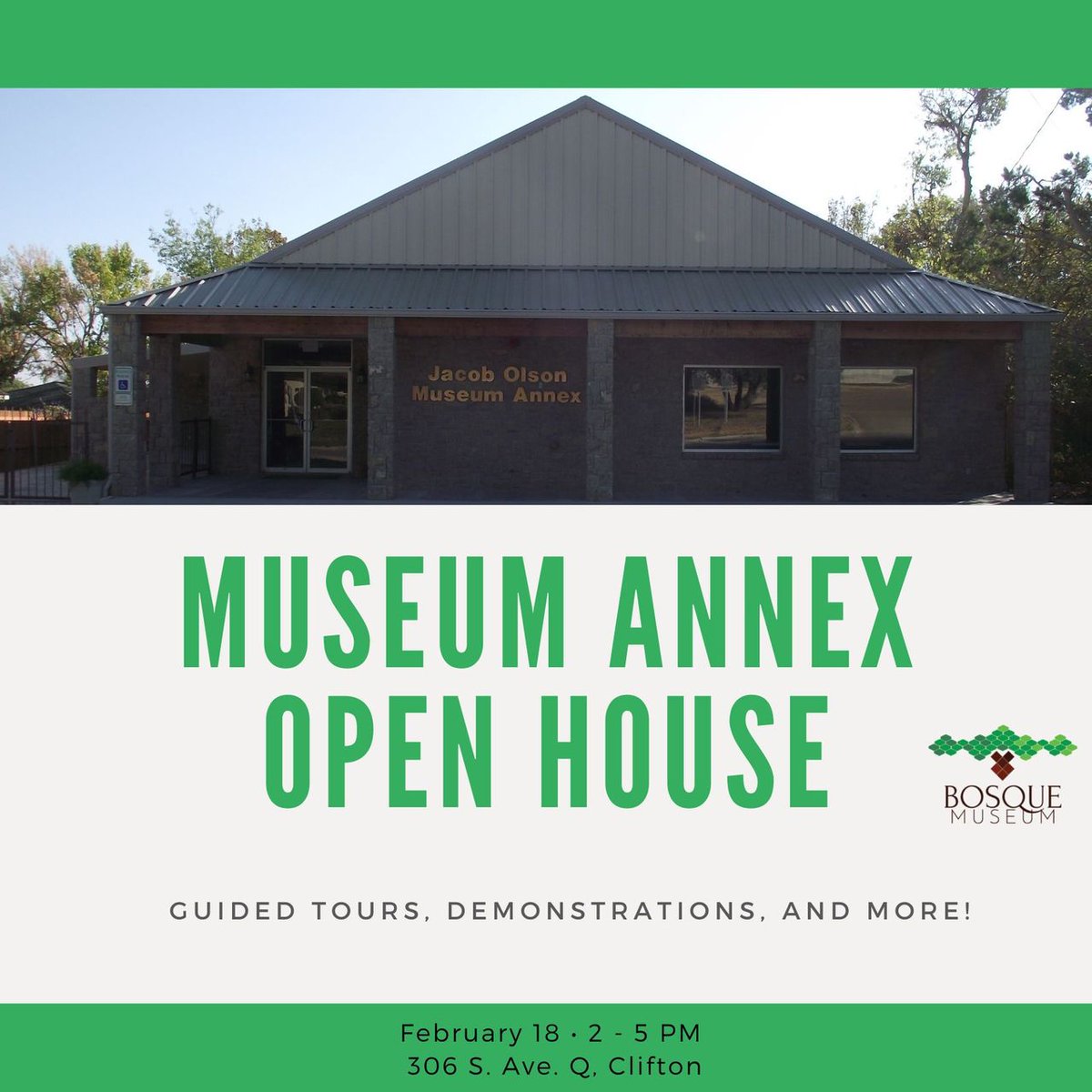 Have you ever wondered what happens at the Annex? Now is your chance to find out!
We're hosting an Annex Open House. Come tour and find out how we try to be good stewards of the history that Bosque County has entrusted us to preserve. 
February 18, 2 - 5 pm. We'll see you there!