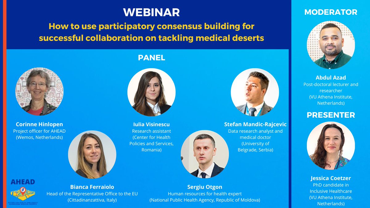 AHEAD_EUProject's tweet photo. Meet our panel, presenter &amp; moderator for this Friday's @AHEAD_EUProject webinar! Join us to learn how our participatory consensus building methodology can contribute to successful collaboration on tackling #medicaldeserts.

🖊️ https://t.co/8PfcH59dSK
ℹ️ https://t.co/seSaAZBSf0 https://t.co/d9Vlgp0yMd