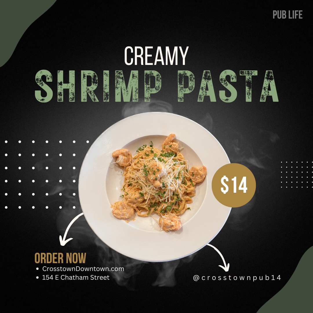 This week's installment of our "Off Menu" Special - Creamy Shrimp Pasta! Pan-seared shrimp on a bed of warm pasta and topped w/ parmesan cheese, parsley, &amp; a house-made chipotle cream sauce. 

#publife #crosstownpub #special #foodie #shrimp #pasta #downtowncary #carync #tuesday