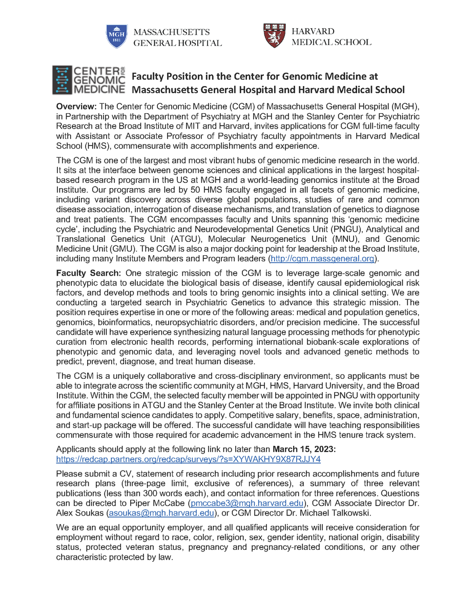 CGM at MGH (@cgm_mgh) on Twitter photo Announcing a new <a href="/CGM_MGH/">CGM at MGH</a> faculty search in the area of Psychiatric Genomics and Epidemiology! The new faculty member will be appointed in <a href="/MGHPsychiatry/">MGH Psychiatry</a> and partner with the <a href="/StanleyCenter/">Stanley Center</a> at <a href="/broadinstitute/">Broad Institute</a>
Apply here: redcap.partners.org/redcap/surveys… Announcing a new <a href="/CGM_MGH/">CGM at MGH</a> faculty search in the area of Psychiatric Genomics and Epidemiology! The new faculty member will be appointed in <a href="/MGHPsychiatry/">MGH Psychiatry</a> and partner with the <a href="/StanleyCenter/">Stanley Center</a> at <a href="/broadinstitute/">Broad Institute</a>
Apply here: redcap.partners.org/redcap/surveys…