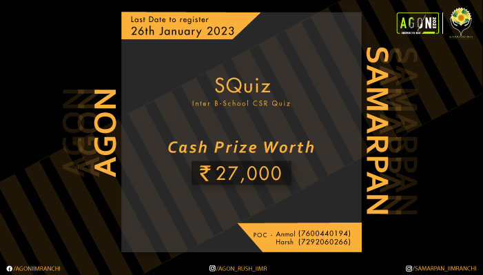 Samarpan - The Social Responsibility Club of IIM Ranchi brings 3 excellent opportunities as part of AGON'23 for participants to apply their creativity and find innovative solutions that drive change. 
For registration kindly visit: unstop.com/festival/agon-…