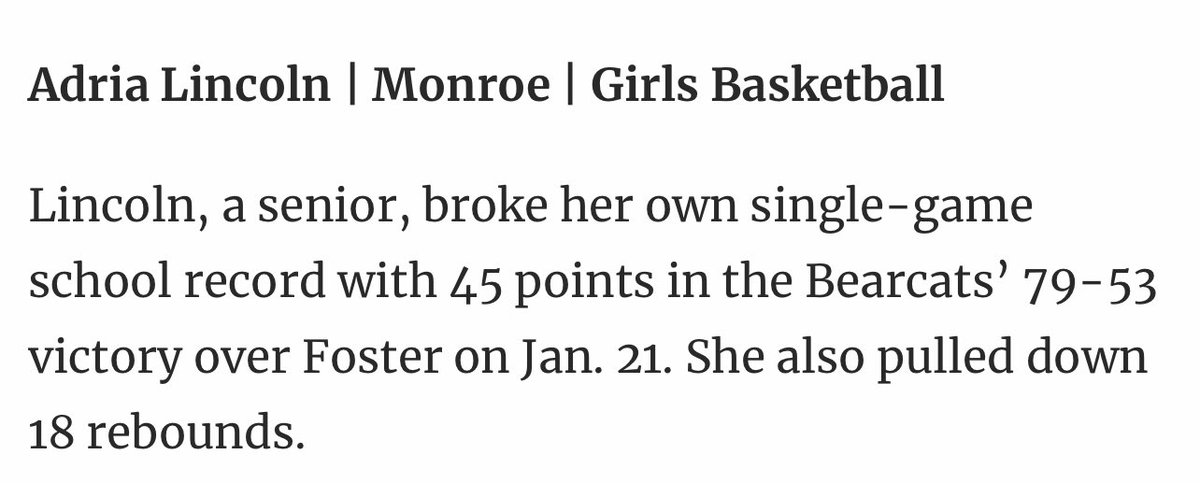 Big #’s for <a href="/adrialincoln/">Adria Lincoln</a> at Saturday’s game. She’s averaging 27 PPG &amp; 14 REB this season.  

<a href="/HeraldNetPreps/">Herald Preps Sports</a> <a href="/MTownBearcats/">Monroe High School</a> <a href="/MontanaGrizWBB/">Montana Lady Griz</a>