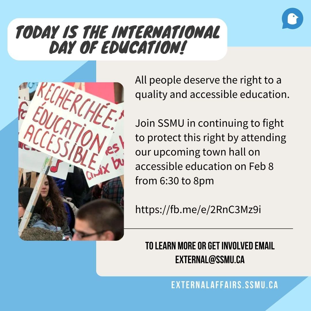 Aujourd’hui est la journée internationale de l’éducation! / Today is the International Day of Education!

fb.me/e/2RnC3Mz9i

#SSMU #ExternalAffairs #VPExternal #SSMUExternal #McGill #Montreal #Advocacy #Plaidoyer #Education #EducationDay