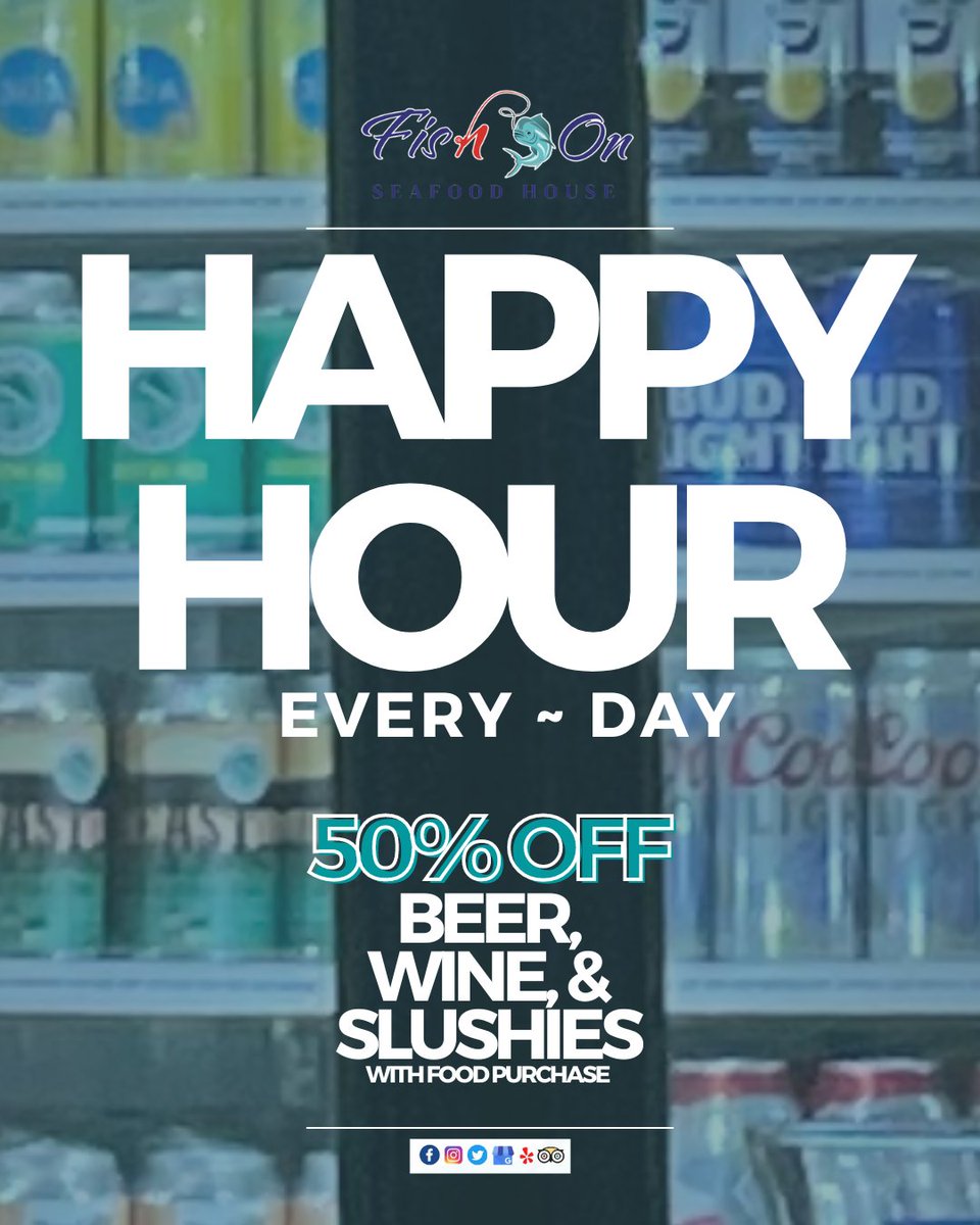 ~Happy Hour!! ~ ~ 4pm-6pm EVERY day, half priced beer, wine, &amp; slushies with food purchase! 🍻 🍷 🥤