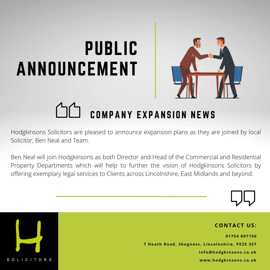 You may have seen the news yesterday of our plans to expand the Company by welcoming local Solicitor, Ben Neal &amp; team. 

Ben will be joining us as both Director &amp; head of our Commercial &amp; Residential departments &amp; we are looking forward to welcoming the new team into the Company!