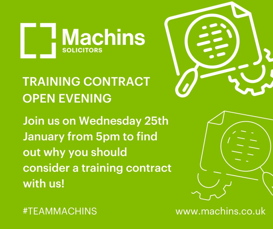 MachinsLaw's tweet photo. ⚡TRAINEE SOLICITOR OPEN EVENING⚡Join us on WEDNESDAY 25 JANUARY and hear from Managing Partner @ainsworth_legal &amp; Trainee Solicitors @ToriGrantLaw @StephenNolanLaw to find out what it's like to train with Machins.
Register ASAP 👉 https://t.co/xOCaTRMA8Y
#traineesolicitor https://t.co/0Cwl2VSVYn