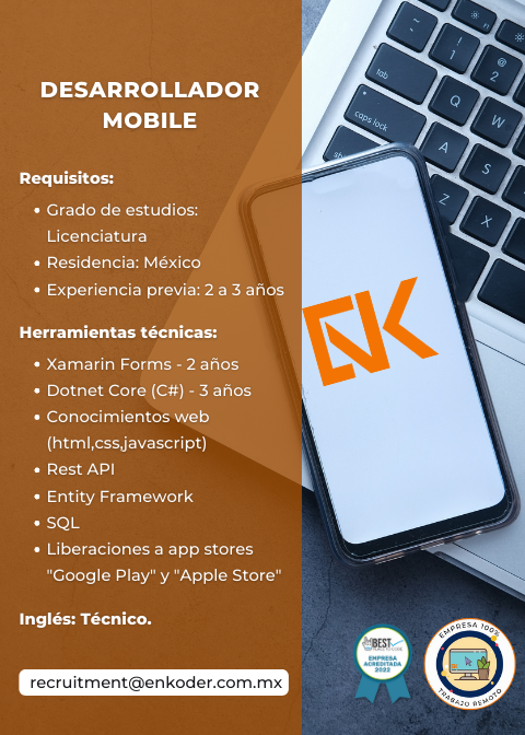 EnkoderD's tweet photo. Mobile Developer ๐งโ๐ป๐ฉโ๐ป รnete al mejor equipo de Software Mexicano, envรญa tu CV a recruitment@enkoder.com.mx
#MobileDeveloper #mobiledevelopment #developer #SQLServer #XamarinDeveloper #Xamarin #XamarinForms #sql #cv #javascript #html #css #google #flextime #homeoffice https://t.co/0YvgWgQ74p