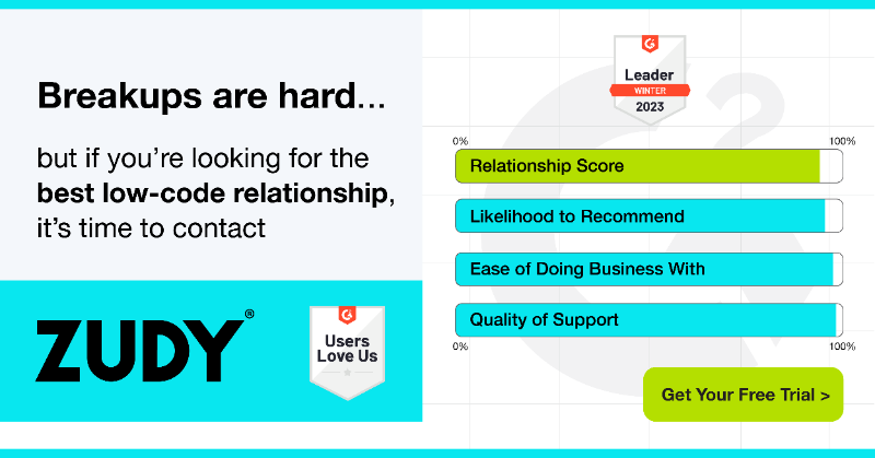 ZudySoftware's tweet photo. Is it time to break up with your low-code development platform? Get into a healthy relationship with Zudy, ranking tops on G2’s #LowCode Relationship Index Report. #Zudy #AppsNOW #NoCode #NoLimits #G2Leader #BestRelationship #EasyToDoBusinessWith #HighestQualityOfSupport