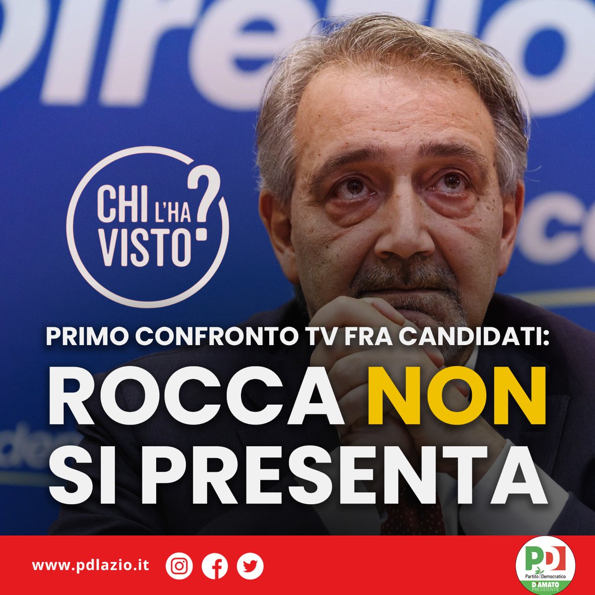 PD_Lazio's tweet photo. #Rocca come Michetti: scappa dai confronti.
Un'occasione persa per parlare del programma che non c’è, degli impresentabili nelle liste, delle liti dentro la sua coalizione, della totale mancanza di idee per il #Lazio.
Non ci costringa a chiamare #chilhavisto: #RoccaNonScappare https://t.co/DliYyrdWFP