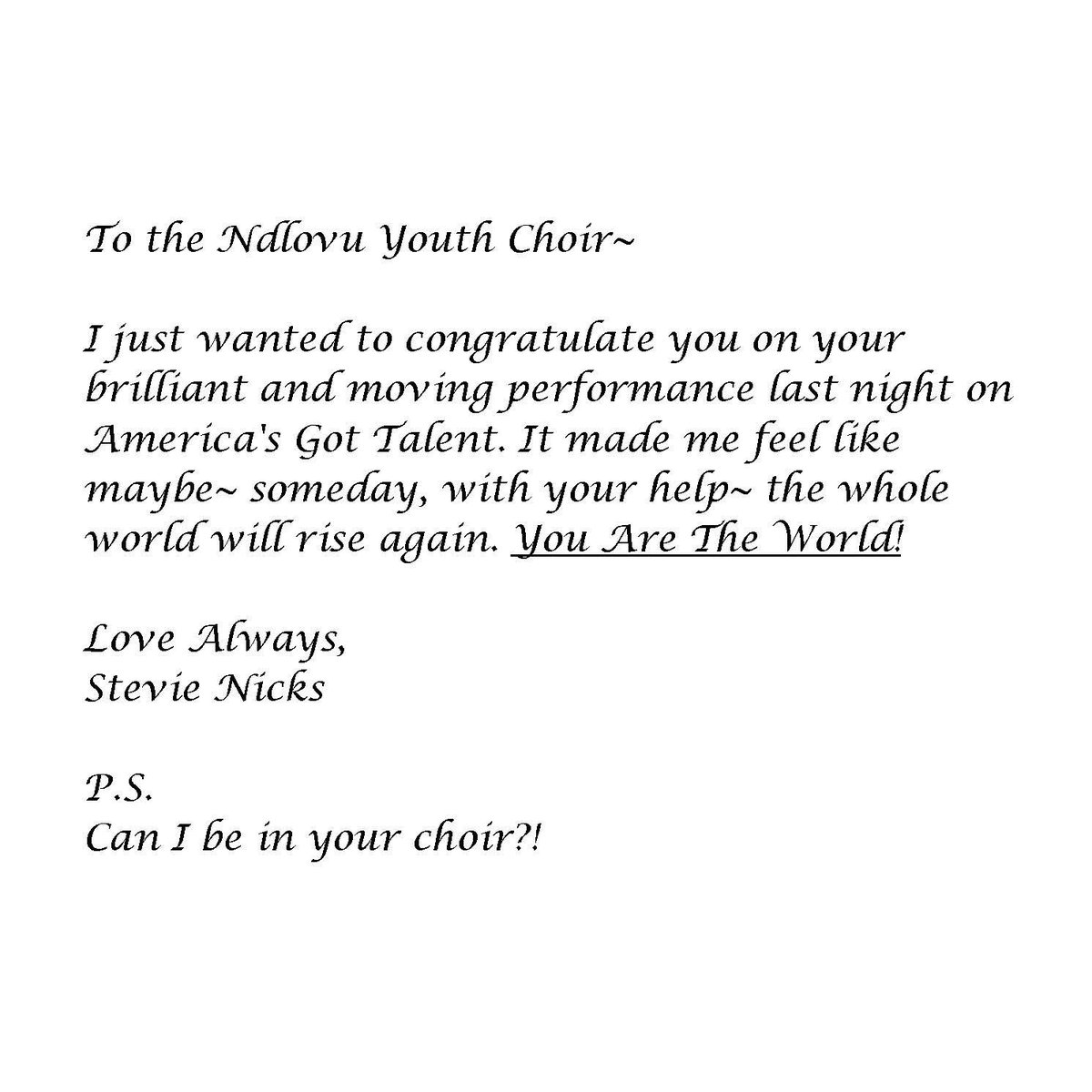 StevieNicks's tweet photo. .@ChoirAfrica https://t.co/UCXHCzUEgu