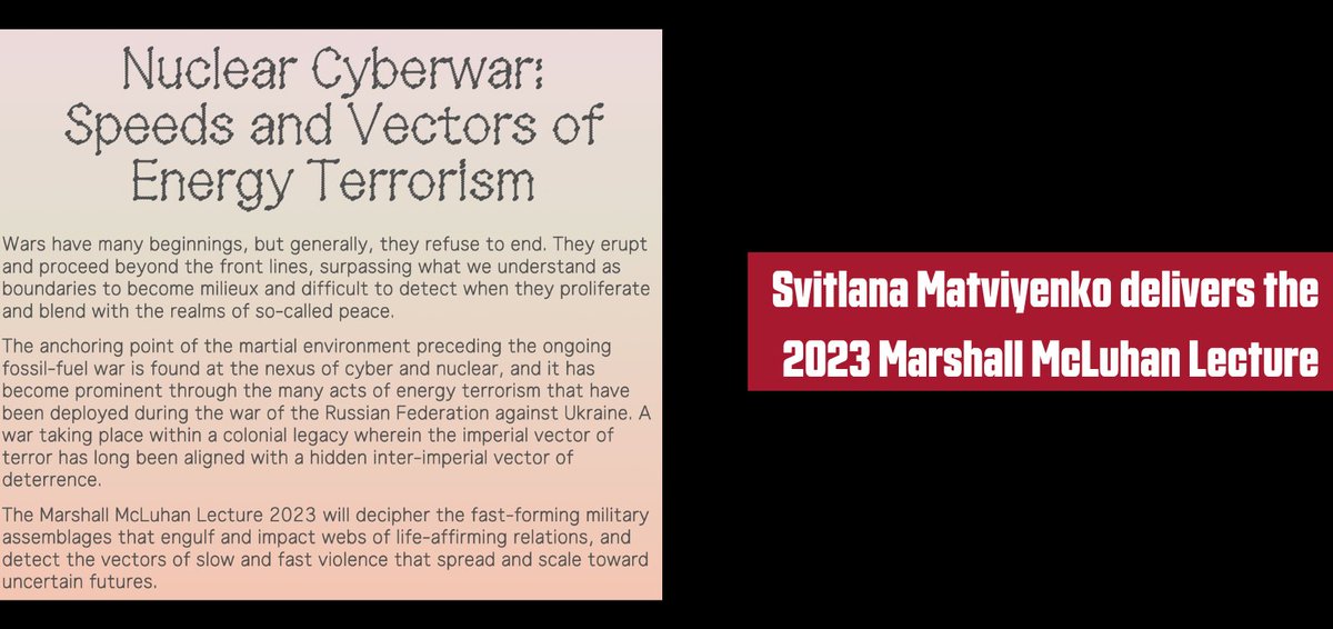 Svitlana Matviyenko is delivering this year's transmediale Marshall McLuhan Lecture! 🎉 You can livestream her lecture, 'Nuclear Cyberwar: Speeds and Vectors of Energy Terrorism,' on January 31 here: (ow.ly/jlkn50Mz82L). @svitlanax