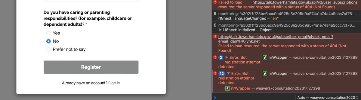 dpcrabbe's tweet photo. @TowerHamletsNow Hello - can't register. You site says I'm a bot despite manually filling out the 20+ registration fields. 
Site : https://t.co/XC77DmuvsA https://t.co/tlaajMgMfs