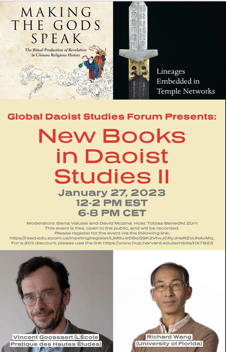 The Global Daoist Studies Forum invites you to New Books in Daoist Studies. On Friday, January 27, at 12 PM EST, Elena Valussi and David Mozina will talk with Vincent Goossaert and Richard Wang about their new books. Registering via the following link:
reed-edu.zoom.us/meeting/regist…