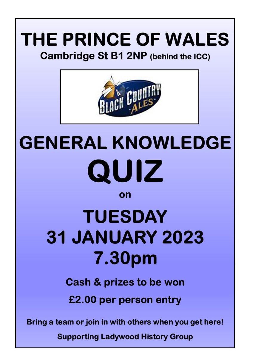 One week to go ...
Join us for a general knowledge quiz at one of Ladywood's finest pubs on Tuesday 31 January 2023.
Supporting #Ladywood History Group.
Gooo on you know it makes sense!