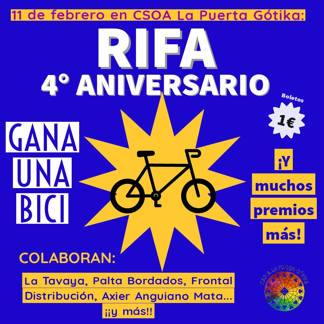PuertaGotika's tweet photo. El 11 de febrero es nuestro cumple... ¡apuntaos ese finde en la agenda! Pronto compartiremos todo lo que estamos preparando.
Mientras, puedes ir comprando algún boleto para la RIFA DE ANIVERSARIO!! Consigue una bici recién salida de nuestro taller y un montón de cosas más !! https://t.co/gFoJuktVrc