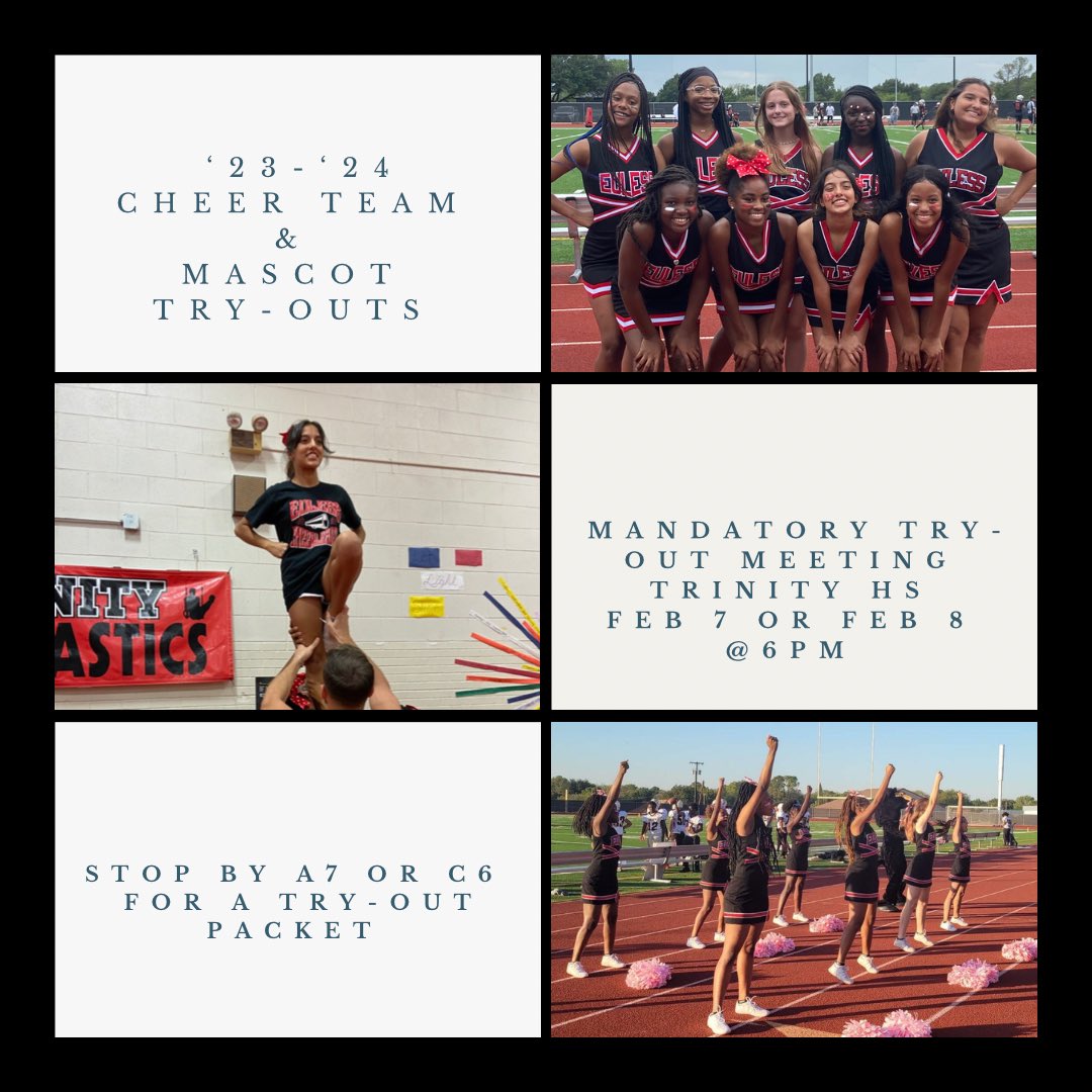 EulessCheer's tweet photo. Come tryout for the cheer team or tryout to be the mascot! 

Packets available in room A7 and C6! 

Mandatory tryout meeting is Feb 7 and Feb 8! 

❤️🖤❤️🖤

#EJHStallionStrong #EulessCheer https://t.co/3r0oBDNpUQ