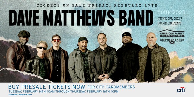 JUST ANNOUNCED: <a href="/davematthewsbnd/">Dave Matthews Band</a> returns to MKE for #Summerfest55! The Summerfest vet returns to headline the <a href="/AmFamAmp/">American Family Insurance Amphitheater</a> on 6/29! Tickets on sale Friday, 2/17 at 10am CST 🎫 bit.ly/3DdWhZg