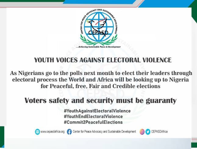 NTYFM's tweet photo. As Nigerians go to the polls next month to elect their leaders on Election Day.
The world & Africa is Looking up to Nigeria for Peaceful, Free, Fair & Credible Elections.
Voters Safety and Security Must Be Highly Guaranteed
#Commit2PeacefulElection
#CEPASD
#NonViolentPeaceForce https://t.co/9p2gIQTr8D