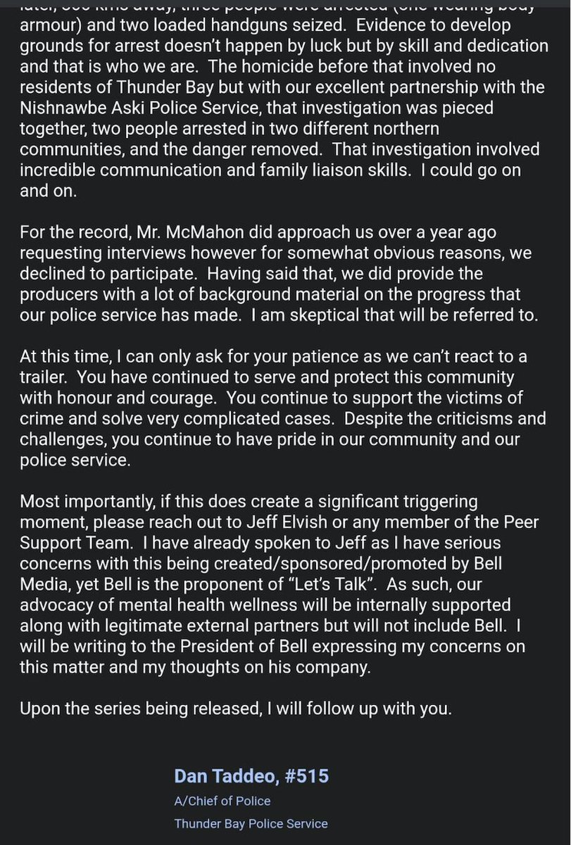 Internal communications show Thunder Bay Police leaders telling officers not to watch our upcoming Crave series "Thunder Bay."
It's disingenuous for acting chief Dan Taddeo to suggest we're being "unfair." 
Leadership has refused every interview request we've presented since 2020