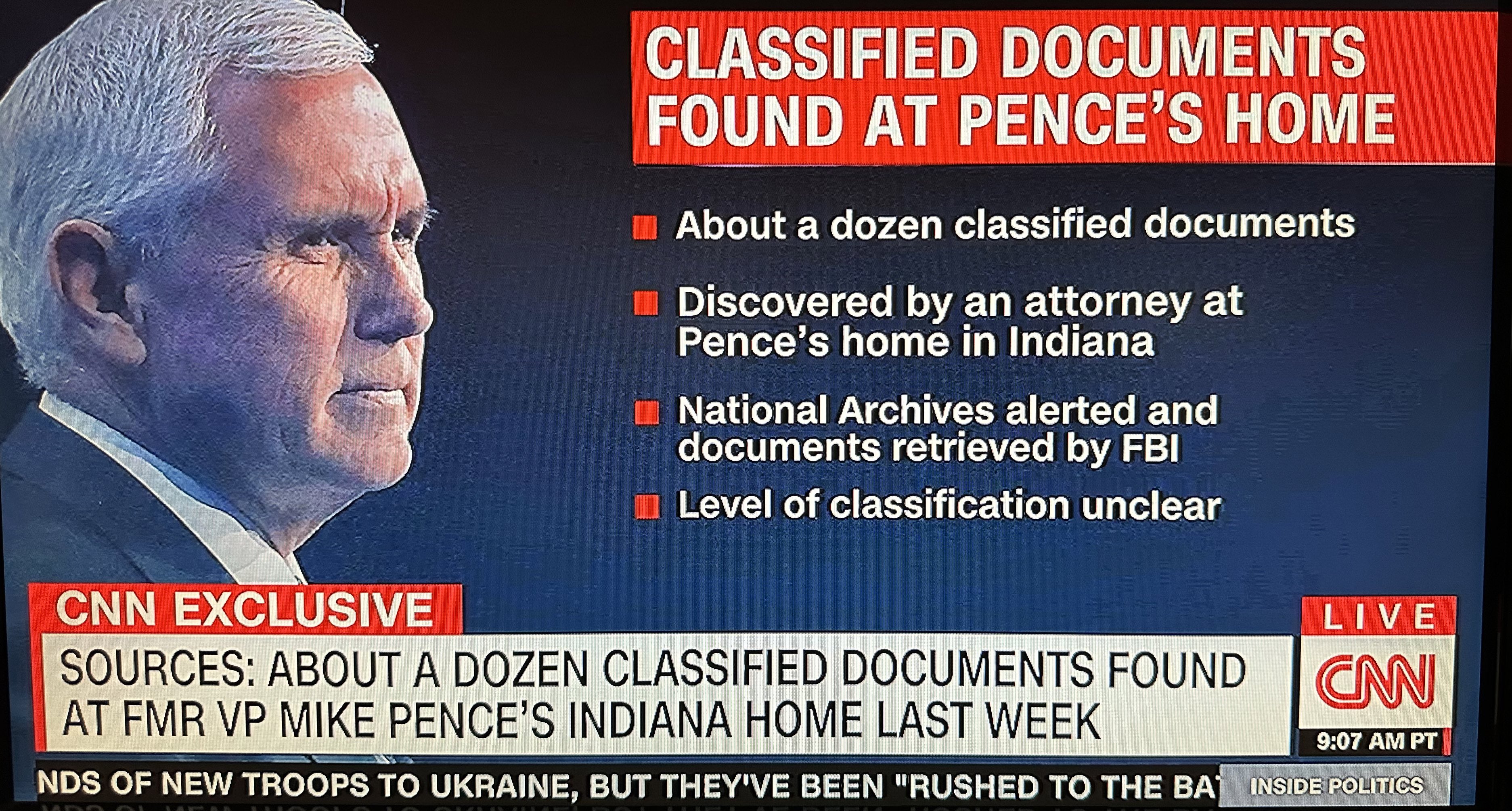 🇺🇦Paula Chertok🗽 on Twitter: "💥Classified documents found at PENCE's  Indiana home, not in a secured location, retrieved by FBI and returned to  National Archives, CNN reports https://t.co/uo0fAQpFeD" / Twitter