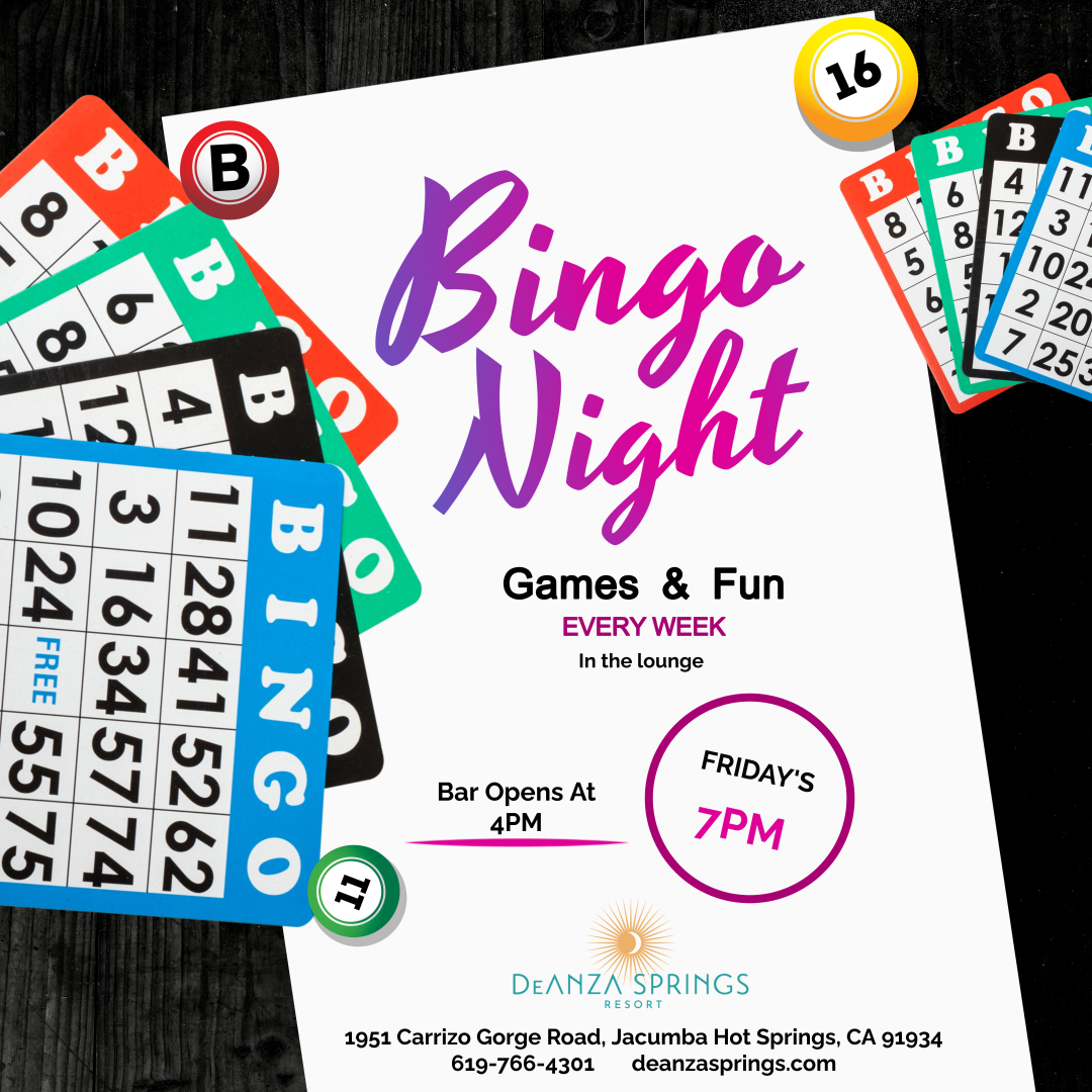 deanza_springs's tweet photo. Come one, come all! ๐ Friday night is BINGO night in the lounge at 7 pm! And don't miss our drink specials starting at 4 pm. Who's ready for some fun?! https://t.co/EKgEHq42KB #BingoNight #DrinkDeals #LoungeTime https://t.co/gHbMS3N7v2