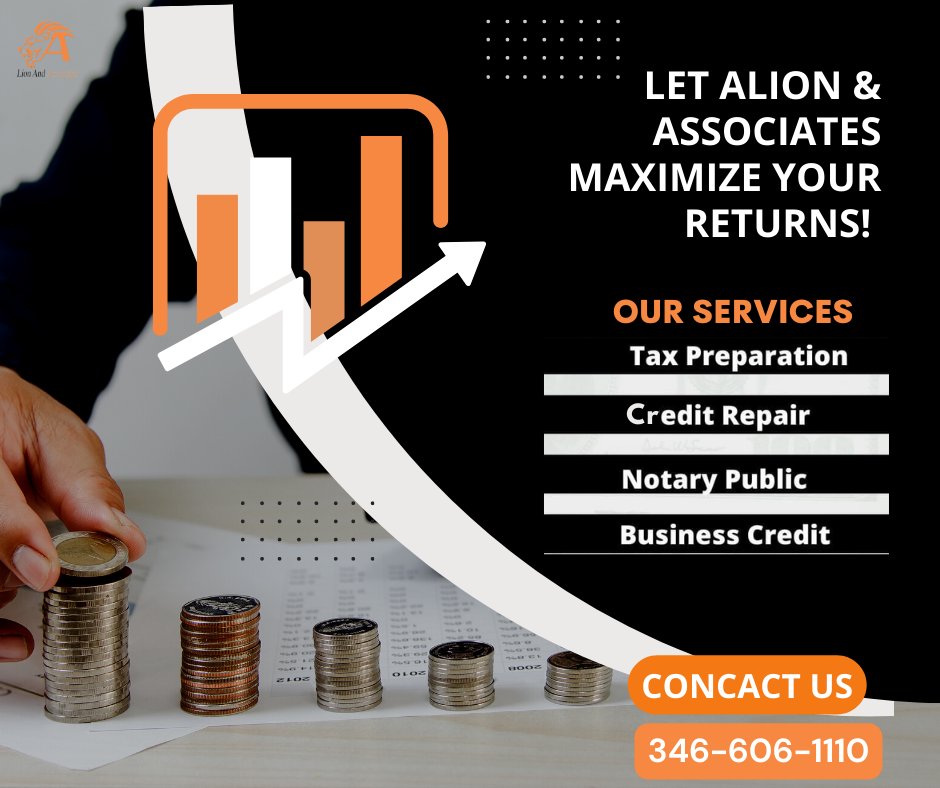alionworld's tweet photo. Alion &amp; Associates providing these services.
-Tax Preparation
-Credit Repair
-Notary Public
-Business Credit
Contact us today: 346-606-1110
.
.
.
#alionworld #aliontax #alionandassociates #airbnbs #corporatehousing #aliontaxes #taxservices #taxpreparation #payrollservice https://t.co/OQyymkSvJL