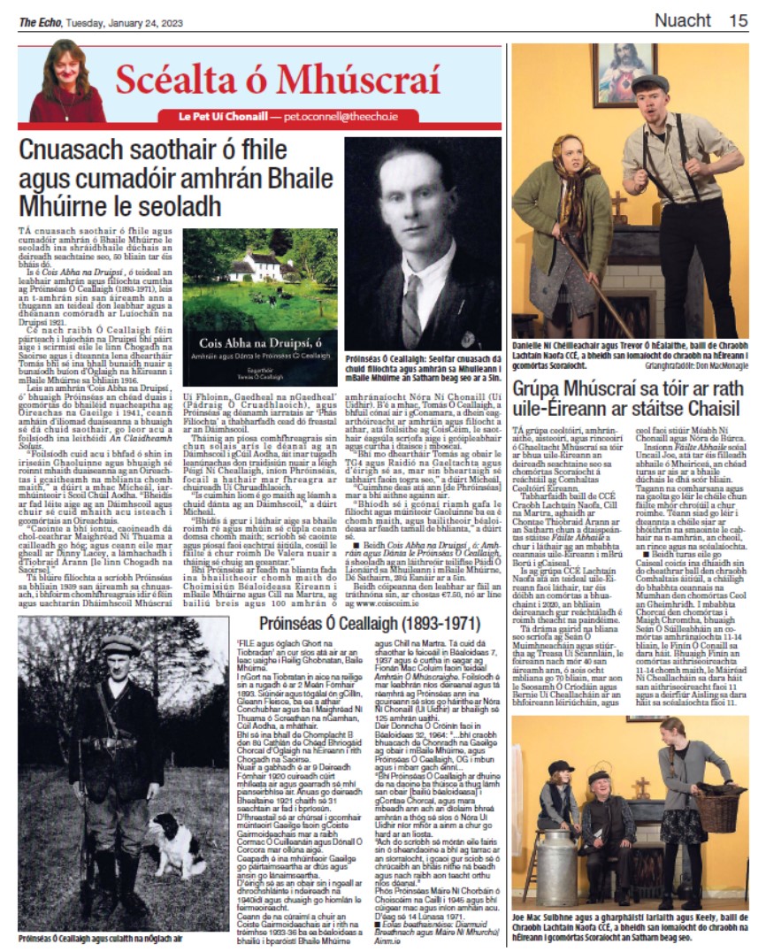 Cnuasach saothair ó fhile agus cumadóir amhrán Bhaile Mhúirne le seoladh <a href="/echolivecork/">EchoLive.ie</a>. #Múscraí