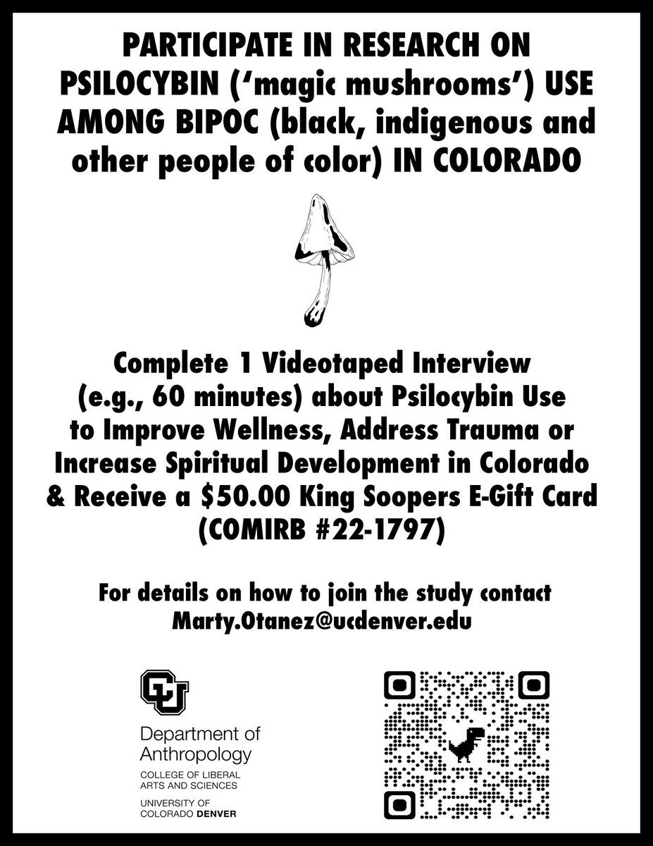 Psilocybin research study focusing on BIPOC stories and testimonies conducted by the University of Colorado Denver. Looking forward to this! Recruitment details: clas.ucdenver.edu/anthropology/c…

#psychedelicresearch #BIPOCreseachstudy #Psilocybin #CUDenver