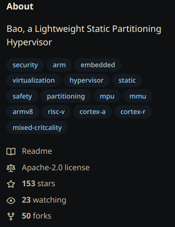 bao_project's tweet photo. Your favourite open-source hypervisor just levels up the game🔝 #Bao #hypervisor switch from #GPL2 to #Apache2 license. More freedom to innovate means endless possibilities 🚀 Be a part of the Bao Project! Let's build the future of hypervisors together! https://t.co/vdLmKPQtpM