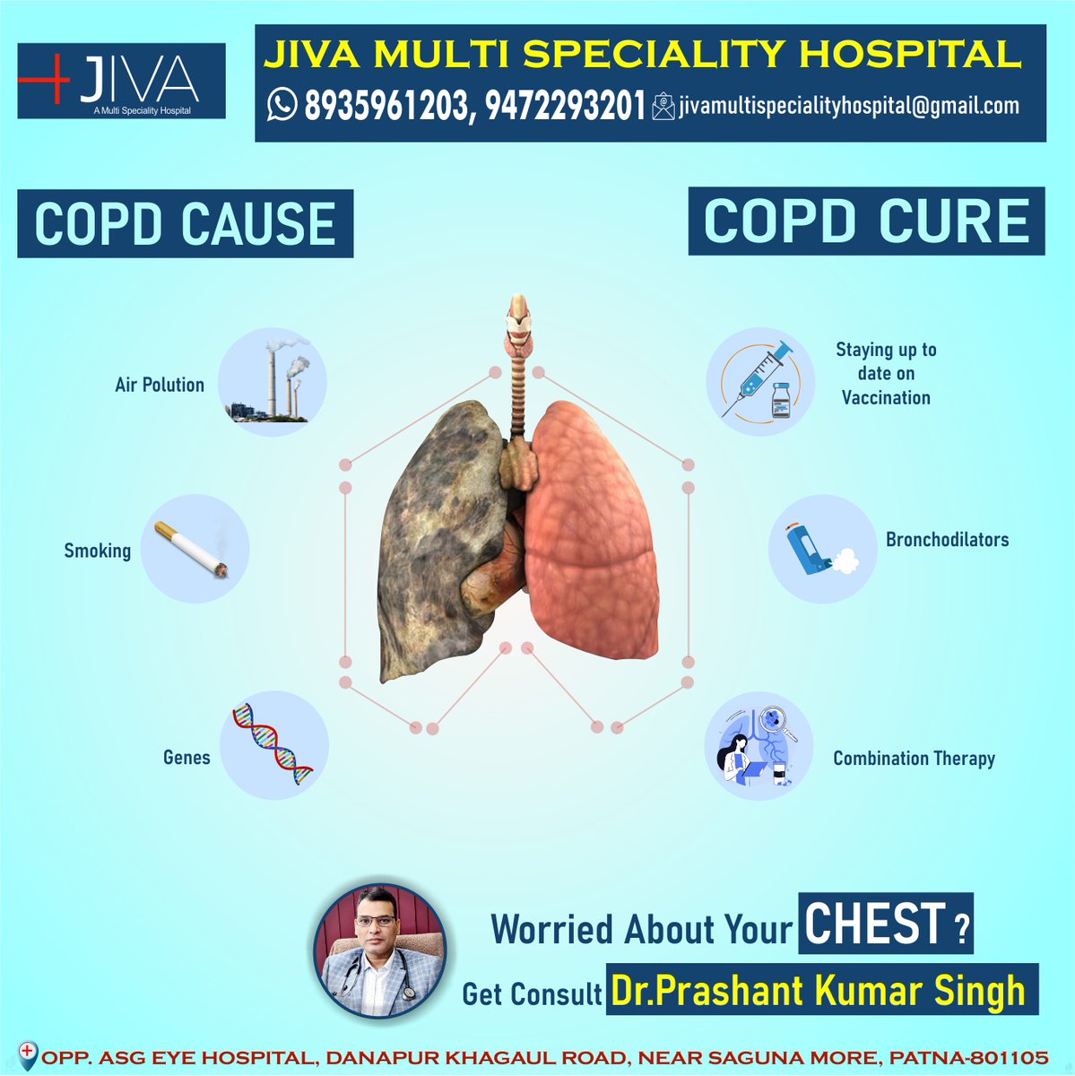 #COPD #CAUSE & #COPD #CURE
.
If you notice the following #symptoms COPD & Let’s talk about it !
Consult a specialist #Chest
Dr. Prashant Kumar Singh ☎️ 9472293201, 8935961203
.
.
#airpollution #smoking #Danpurpollution #combinationtherapy #bronchodilators #drprashantkumarsingh