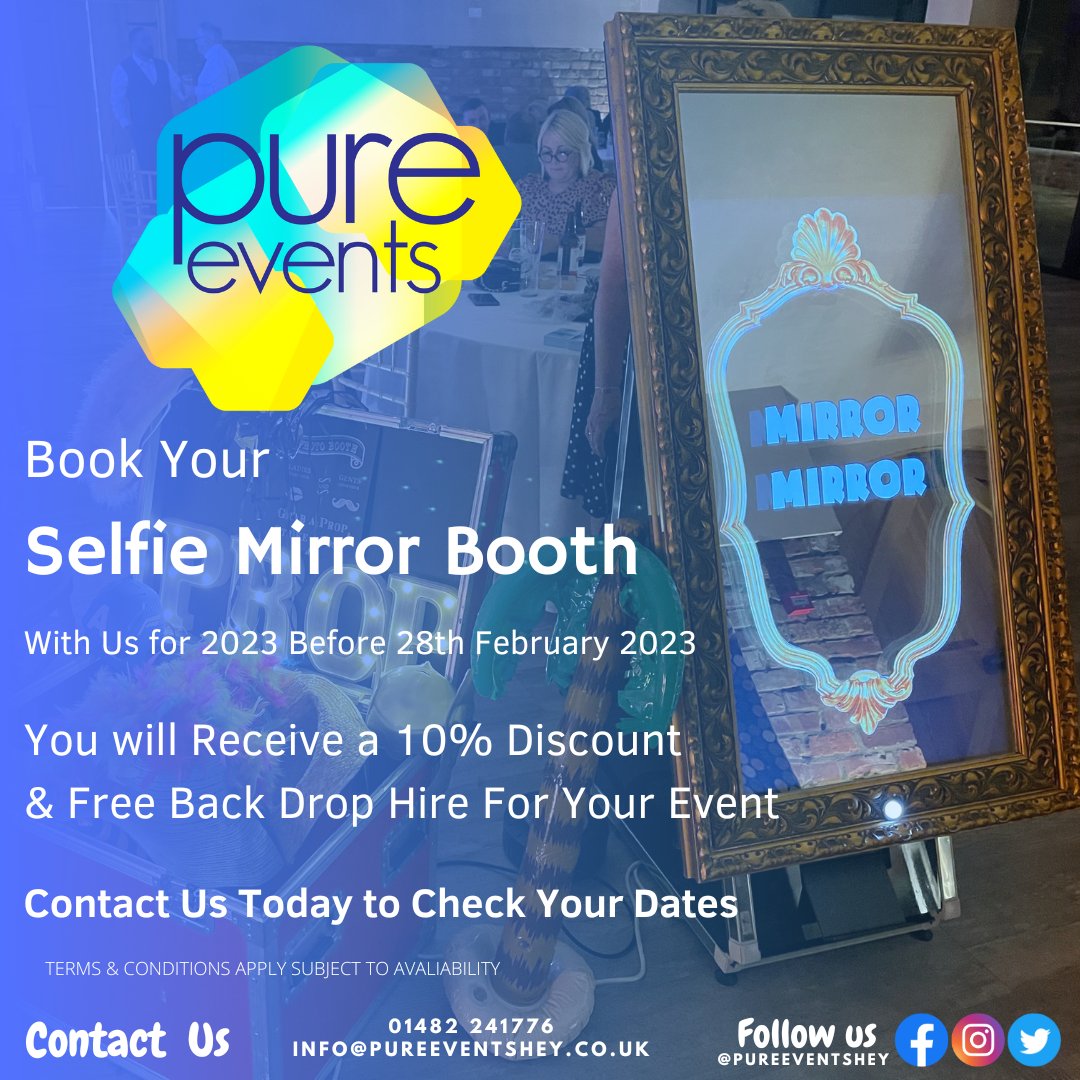 SAVE 10%
Book our #SelfieMirror #PhotoBooth for your 2023 event Before the end of February 2023.

*Subject To Date Availability At The Time Of Booking &amp; A Deposit Taken To Secure Your Selected 2023 Date.