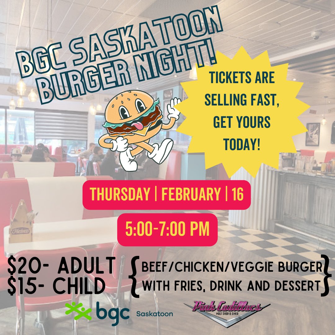 BGCSaskatoon's tweet photo. Come to our Burger Night at Pink Cadillacs for a fun evening of yummy food, superheroes, balloon fun and more! 🥳🍔

Tickets are selling fast; get yours before they are gone!

https://t.co/oCkjbbVOS0

#yxe #yxeevents #saskatoon #bgcs #saskatooning #supportlocal https://t.co/5ptwEX6ZdD