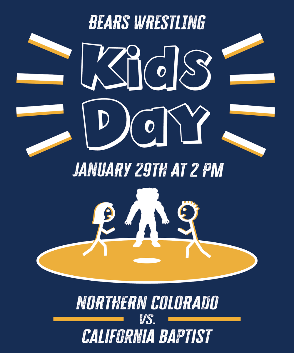 Calling all youth wrestlers grades K-8th regardless of skill, it’s time for the annual Bears Wrestling Youth Clinic! 12pm-1pm before the match on Sunday!

For more information and to register. 
bit.ly/3WubYSM

#GetUpGreeley x #BearDown