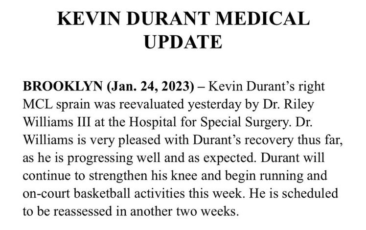 Kevin Durant out another two weeks